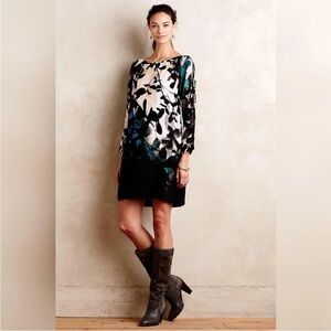 Maeve Anthropologie Shaded Garden Shift Dress Black Floral Cut-out Sleeve  XS.